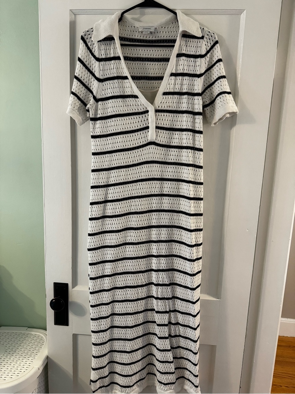 Seraphine Maternity White and Navy Striped Knit Maxi Dress